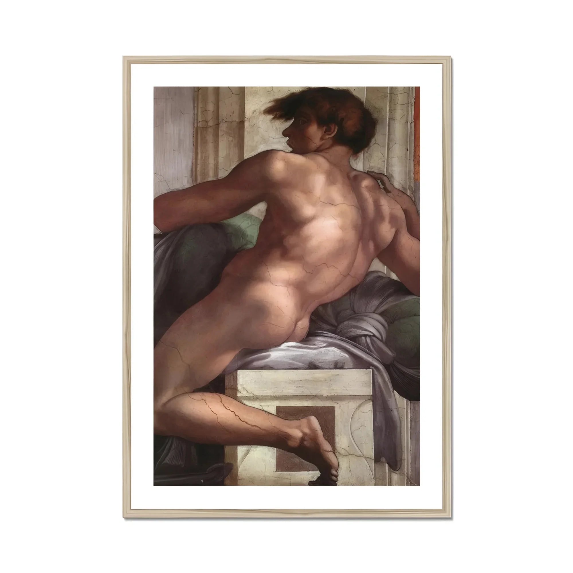 Ignudo - Michelangelo Male Nude Fresco Art Print, Framed Nude Male Figure Painting