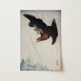 Black Brown Eagle Detailed Soars Snowy Rain-swept Sky Ohara Koson, Art Print, Flying, Snow Falls Sideways, Watanabe’s Shop