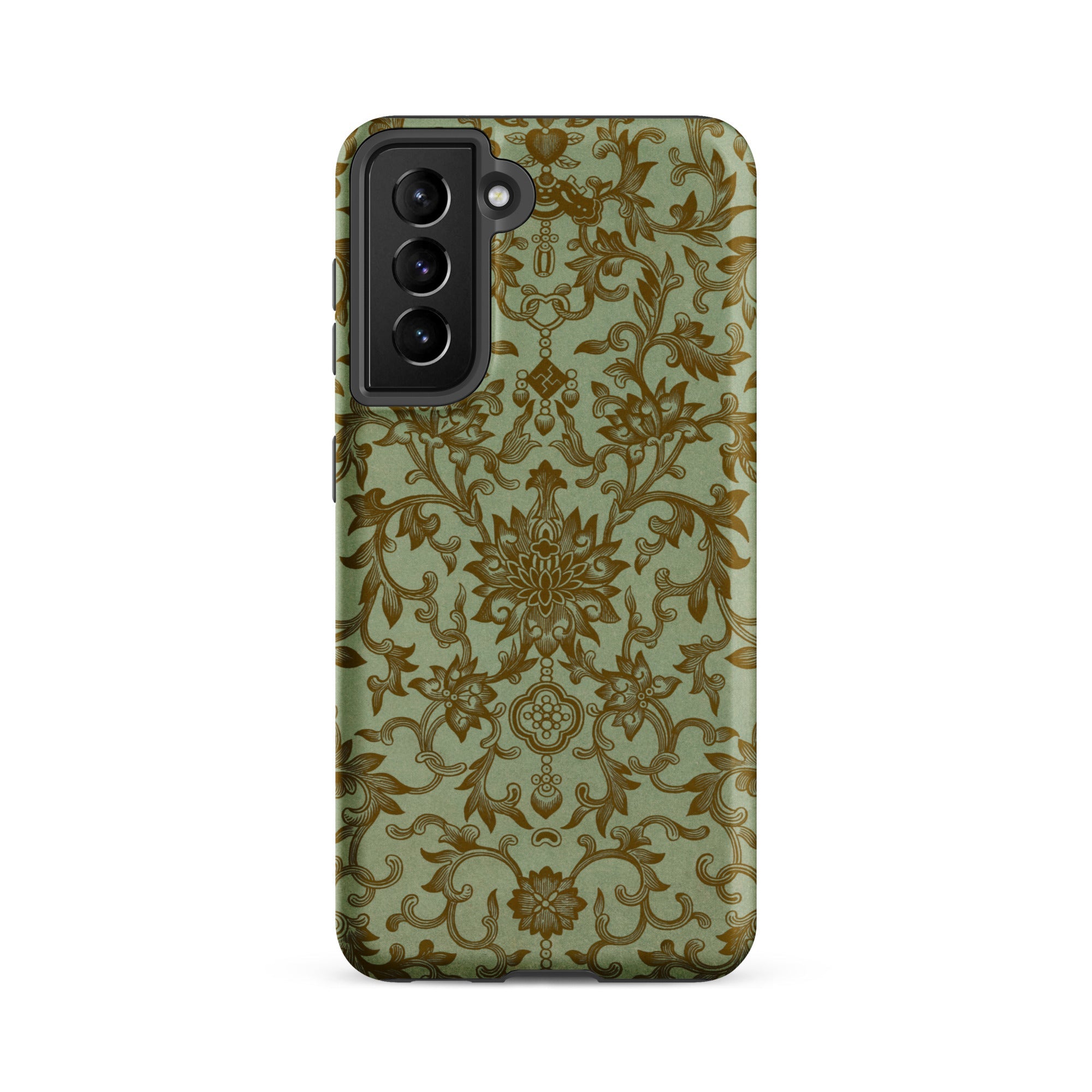 Earthy Chinese Florals Owen Jones Samsung Case, Galaxy S21 Fe / Matte, Smartphone Case Green Gold Intricate Floral Vine Pattern