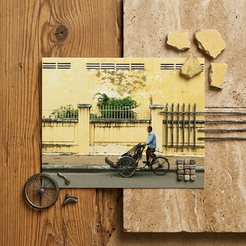 Easy Rider - Phnom Penh Rickshaw Photography Art Print / Canvas Man Light Blue Shirt Rides Vintage Three-wheeled Rickshaw Phnom Penh Street