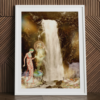 Art print of Echo, siren, and sea witch near waterfall.