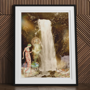 Echo the Siren Assassin - Greek Sea Witch Myth Art Print, Framed Artwork Woman Colorful Clothing Waterfall
