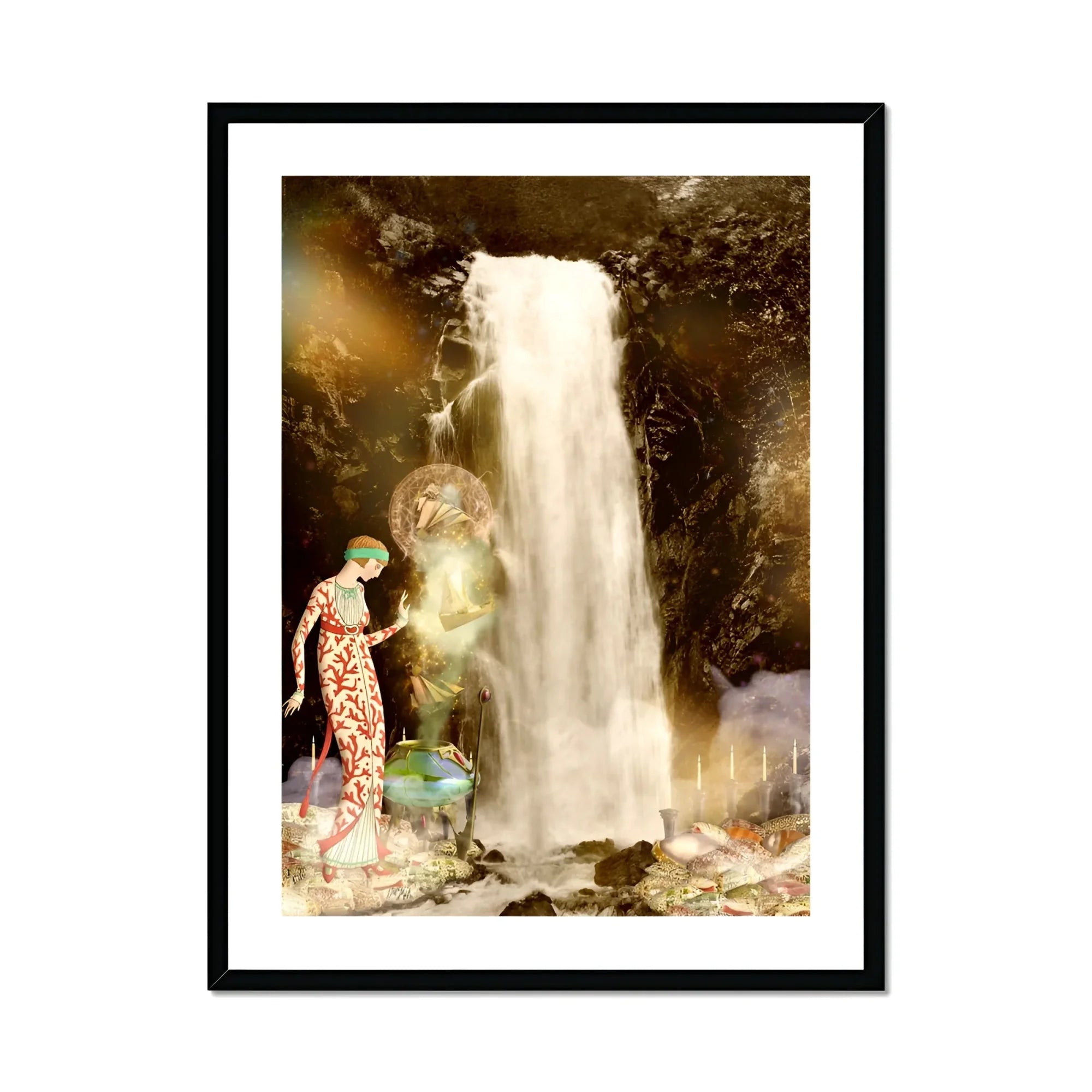 Echo the Siren Assassin - Greek Sea Witch Myth Art Print, Majestic Waterfall Rocky Cliffs
