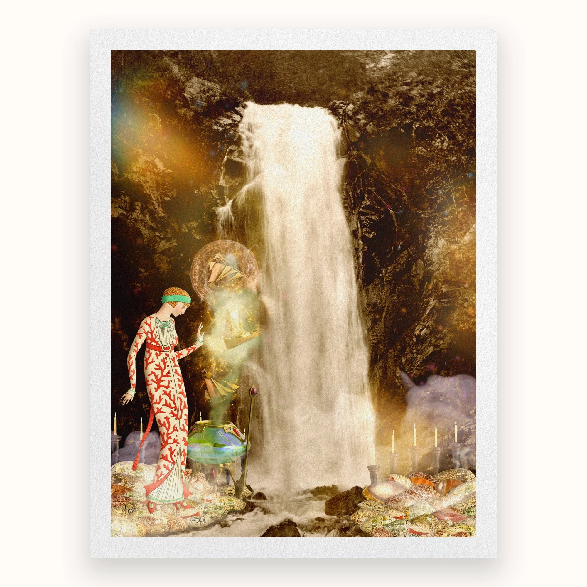 Echo the Siren Assassin - Greek Sea Witch Myth Art Print, Majestic Waterfall Rocky Cliffs Lush Mystical