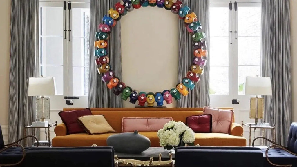 Eclectic living room showcasing minimalist maximalist design and vibrant statement pieces