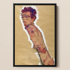 Egon Schiele - Self Portrait Nude Framed Canvas, 12x18’’ / 31x46cm / Black Floating Frame, Framed Portrait Man Red Blue Spiky Hair