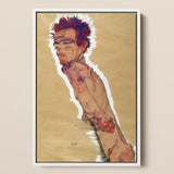 Egon Schiele - Self Portrait Nude Framed Canvas, 12x18’’ / 31x46cm / White Floating Frame, Framed Expressionist Nude Figure