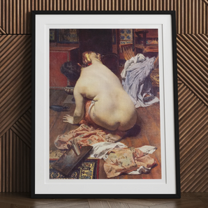 El Descanso De La Modelo - Antonio Cortina Farinós Art Print, Framed Painting Nude Figure Seated Viewer Surrounded Fabric