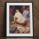 El Descanso De La Modelo - Antonio Cortina Farinós Art Print, Framed Painting Nude Figure Seated Viewer Surrounded Fabric
