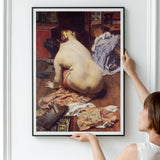 El Descanso De La Modelo - Antonio Cortina Farinós Art Print, Framed Painting Nude Figure Viewed Among Fabrics Objects