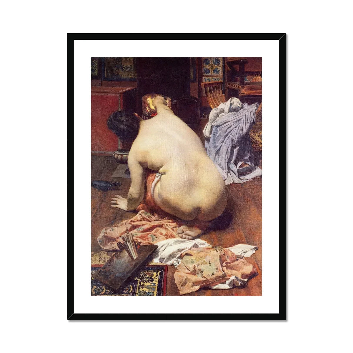 El Descanso De La Modelo Antonio Cortina Farinós Art Print, Nude Figure Viewed Seated Draped Fabrics