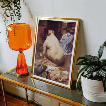 El Descanso De La Modelo - Antonio Cortina Farinós Art Print, Orange Glass Table Lamp Tapered Base Cylindrical Shade