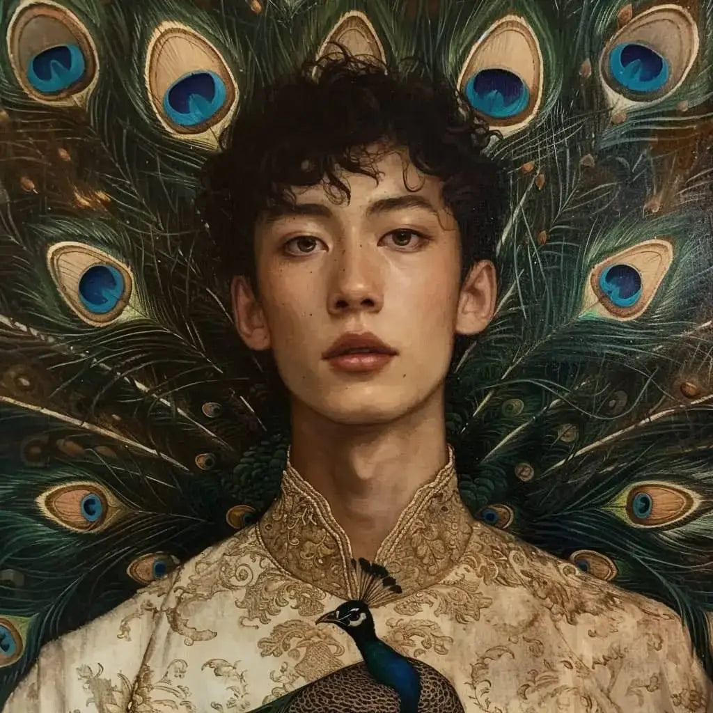 Elegant portrait of a young man with peacock feathers reflecting Oscar Wilde’s style.