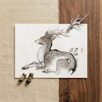 Elk - Kono Bairei Meiji-era Nihonga Deer Art Print / Canvas Delicate Ink-wash Painting Spotted Deer Grayscale Rendered Smooth Kōno Bairei’s
