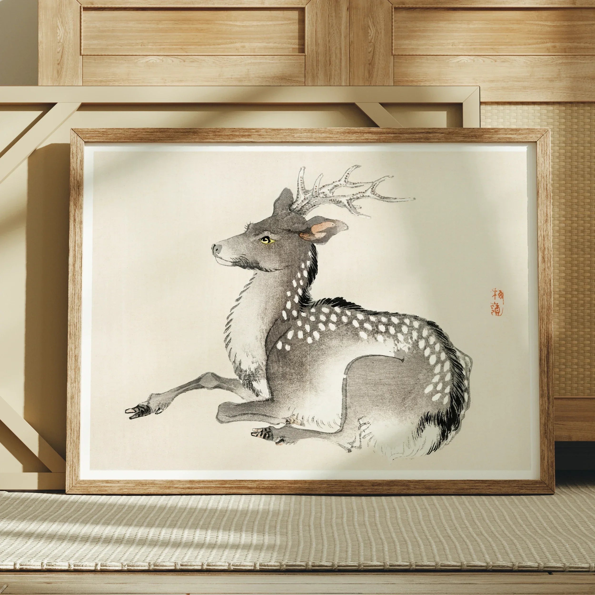 Elk - Kōno Bairei Meiji-era Nihonga Deer Art Print, Ink Painting Spotted Deer Antlers