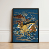 Framed Japanese-style Embroidered Artwork Traditional Wooden Bridge Stylized Silk Fukusa, Peasants Bearing Tribute, Meiji Era Textile