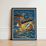Framed Japanese Ukiyo-e Style Print Traditional Wooden Bridge Embroidered Silk Fukusa, Peasants Bearing Tribute, Meiji Era Textile
