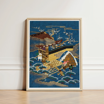 Framed Japanese-style Artwork Traditional Wooden Bridge Stylized Waves Embroidered Silk Fukusa, Peasants Bearing Tribute, Meiji Era Textile