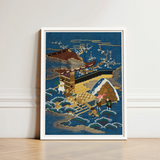 Framed Japanese-style Artwork Deep Blue Background Gold Accents Embroidered Silk Fukusa, Peasants Bearing Tribute, Meiji Era Textile