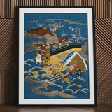 Embroidered Fukusa - Meiji Era Textile Art Print / Canvas Blue Gold Chess Set Wooden Pieces Black Frame Embroidered Silk Fukusa, Peasants