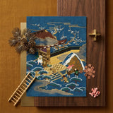 Embroidered Fukusa - Meiji Era Textile Art Print / Canvas Detailed Blue Gold Japanese-style Artwork Traditional Scene Silk, Peasants