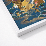 Framed Japanese-style Artwork Vibrant Blue Ocean Gold-embellished Waves Embroidered Silk Fukusa, Peasants Bearing Tribute, Meiji Era Textile