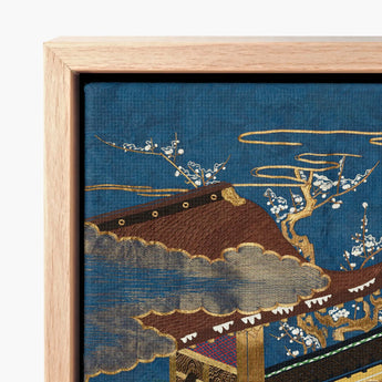 Framed Piece Traditional Japanese Embroidery Detailed Depiction Temple Embroidered Silk Fukusa, Peasants Bearing Tribute, Meiji Era Textile