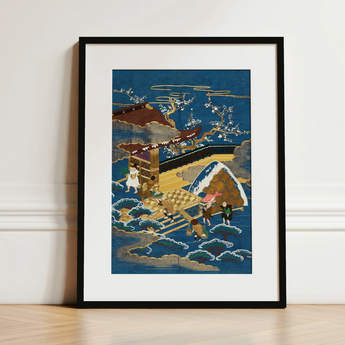 Embroidered Fukusa - Meiji Era Textile Art Print / Canvas, Embroidered Silk Fukusa, Peasants Bearing Tribute, Meiji Era Textile