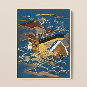 Embroidered Fukusa - Meiji Era Textile Art Print / Canvas, Embroidered Silk Fukusa, Peasants Bearing Tribute, Meiji Era Textile