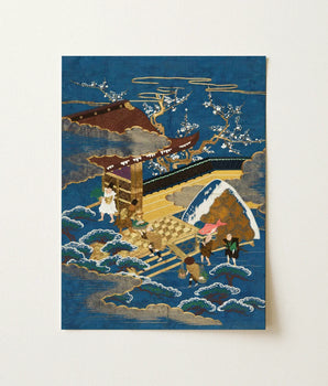 Traditional Japanese Ukiyo-e Style Print Wooden Bridge Ornate Embroidered Silk Fukusa, Peasants Bearing Tribute, Meiji Era Textile