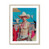 Emilio - Lowbrow Cowboy Pop Art Print, Shirtless Cowboy White Hat Pink Bandana Southwestern-themed Backdrop