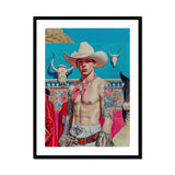 Emilio - Lowbrow Cowboy Pop Art Print, Shirtless Cowboy White Hat Pink Bandana Southwestern-themed Backdrop