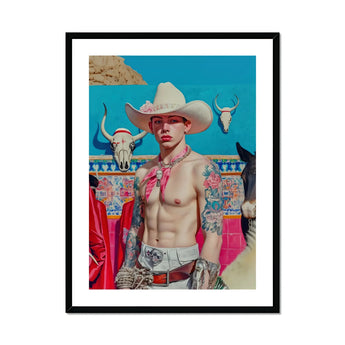 Emilio - Lowbrow Cowboy Pop Art Print, Shirtless Cowboy White Hat Pink Bandana Southwestern-themed Backdrop