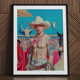 Lowbrow cowboy pop art portrait print in black frame.