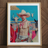 Lowbrow pop art cowboy portrait print, framed.