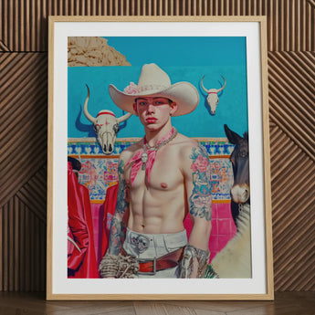 Lowbrow pop art cowboy portrait print, framed.