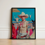 Vibrant Framed Portrait Tattooed Man White Cowboy Hat Lowbrow Pop, Art, Emilio Stands