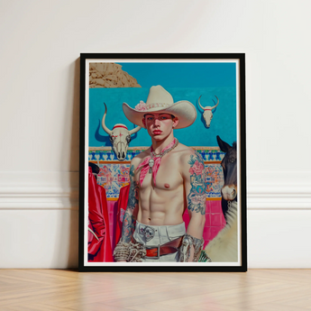 Framed Portrait Tattooed Man White Cowboy Hat Red Lowbrow Pop, Art, Emilio Stands