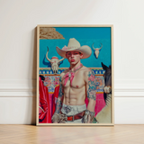 Framed Portrait Tattooed Man White Cowboy Hat Ornate Lowbrow Pop, Art, Emilio Stands