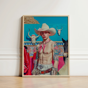 Framed Portrait Tattooed Man White Cowboy Hat Ornate Lowbrow Pop, Art, Emilio Stands