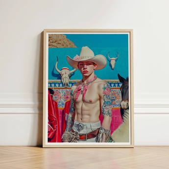 Framed Portrait Tattooed Man White Cowboy Hat Red Lowbrow Pop, Art, Emilio Stands