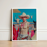 Vibrant Framed Portrait Tattooed Man Cowboy Attire Bold Lowbrow Pop, Art, Emilio Stands