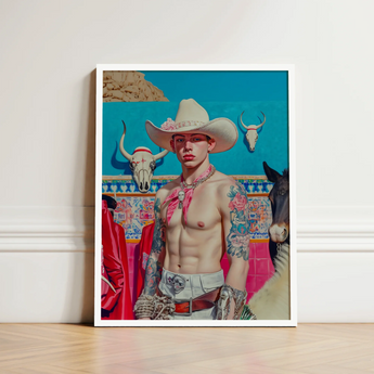 Vibrant Framed Portrait Tattooed Man Cowboy Attire Bold Lowbrow Pop, Art, Emilio Stands