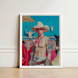 Framed Portrait Tattooed Man White Cowboy Hat Red Lowbrow Pop, Art, Emilio Stands