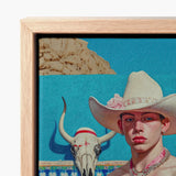 Framed Canvas Painting Person Cream-colored Cowboy Hat Adorned Lowbrow Pop, Art, Emilio Stands