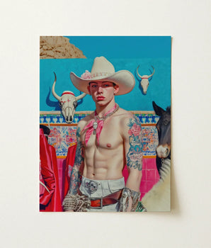 Vibrant Detailed Painting Tattooed Man White Cowboy Hat Lowbrow Pop, Art, Emilio Stands