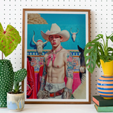 Emilio - Lowbrow Cowboy Pop Art Print, Framed Artwork Shirtless Cowboy Figure Vibrant Blue Background
