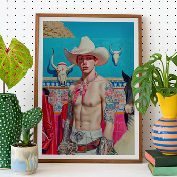 Emilio - Lowbrow Cowboy Pop Art Print, Framed Artwork Shirtless Cowboy Figure Vibrant Blue Background