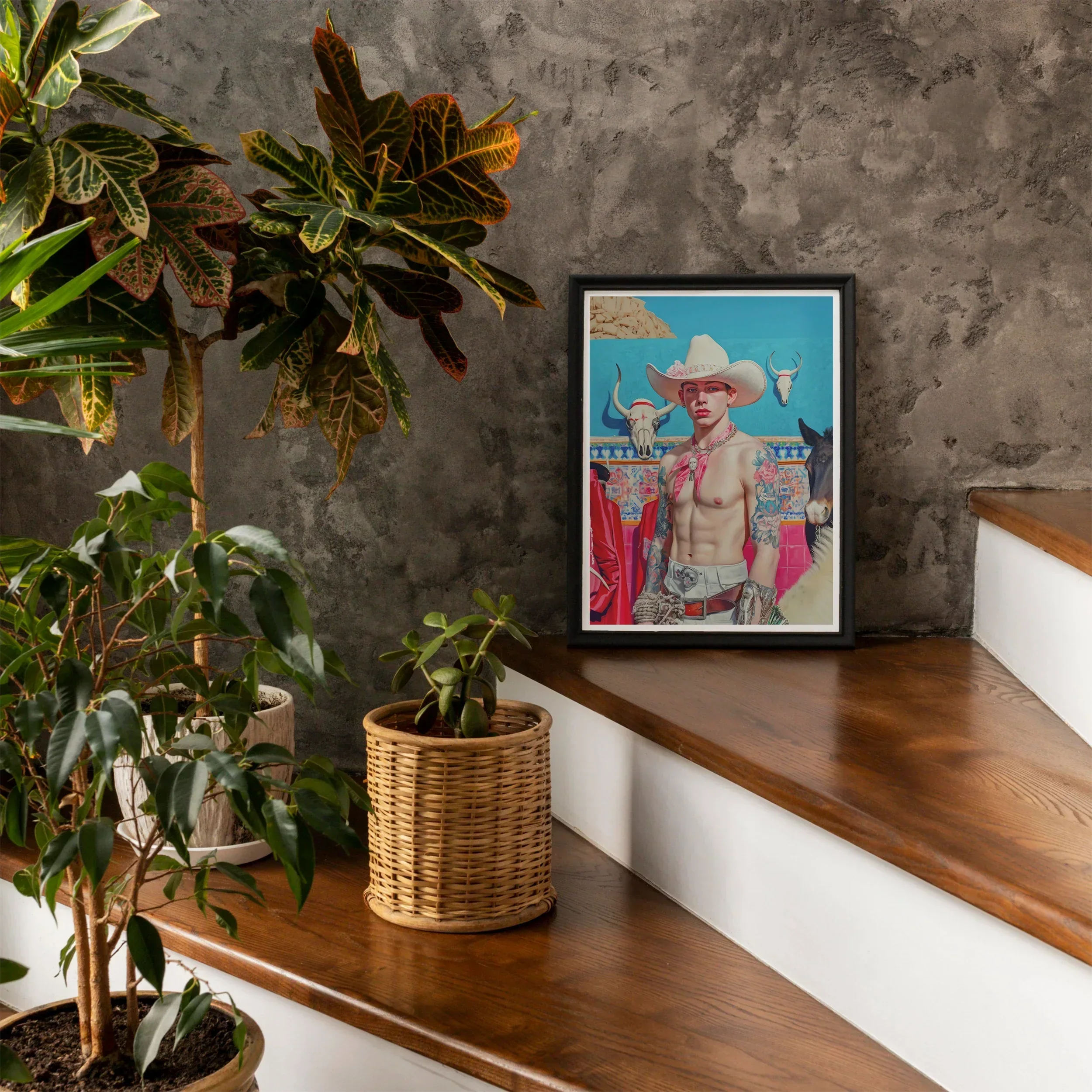 Emilio - Lowbrow Cowboy Pop Art Print, Framed Colorful Artwork Shirtless Cowboy Figure Blue Sky