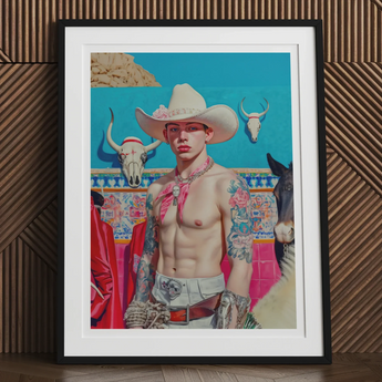 Emilio - Lowbrow Cowboy Pop Art Print, Framed Portrait Shirtless Cowboy White Hat Vibrant Blue